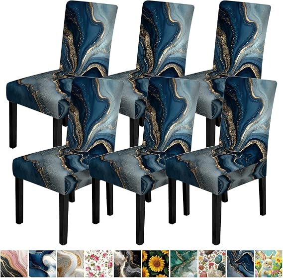 FOREVER QUEEN Chair Covers Dining Room,Stretch Spandex Slipcover for Dining Room & Kitchen Parsons Chairs,Removable Washable Seat Protector Cover (Blue and Gold Marble, 6 PCS)