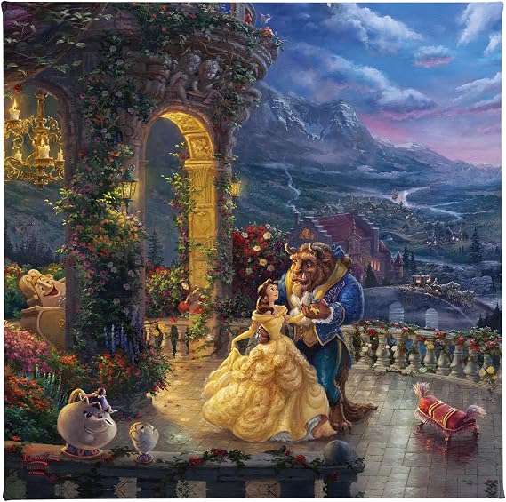 Thomas Kinkade Disney Beauty and the Beast Dancing in the Moonlight Gallery Wrapped Canvas Art | Frameless Wall Art Decor | Certificate of Authenticity Included, 14" x 14"