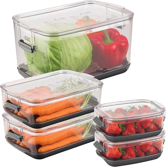 Progressive International Prepworks ProKeeper Food Fresh Produce Storage Container Set, 5- Piece, Clear Containers with Gray Sealed Tight Lids