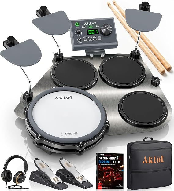 AKLOT Portable Electric Drum Set: Electronic Drum Pad for Beginners, 8"Dual-Zone Mesh Snare, 4.5"Cymbals, Full-Size Pedals, 30 Kits, 360 Sounds, USB-MIDI, Headphones, Drum Guide, Grey