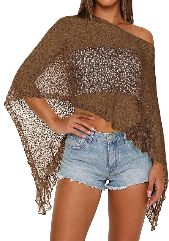 LOMON Womens Sheer Poncho Lightweight Knit Ruffle Beach Cover Ups Mesh Top Lace Summer Outfits 2026