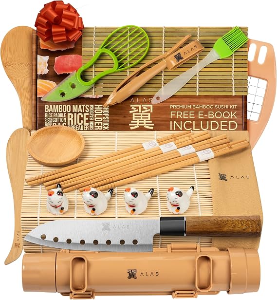 Alas Complete 20 Piece Sushi Making Set for Beginners & Professionals with Knives, 2 Mats, Rice Bazooka, Dip Plates
