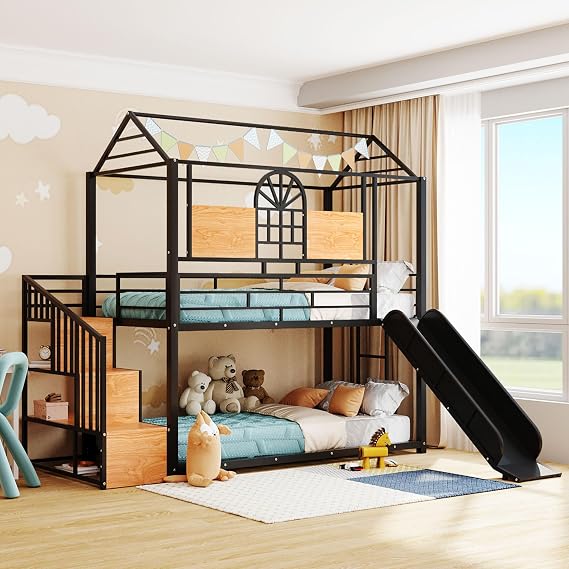 KLMM Twin Over Twin Metal Bunk Bed with Slide and Storage Stair, Unique Design House Bunk Bed for Kids Toddlers, Can be Decorated (Black+Slide2)