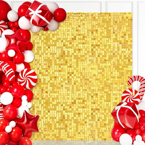 Gold Shimmer Wall Backdrop 24 Panels Glitter Round Backdrop Sequin Wall Decor for Wedding Bridal Shower Birthday Party