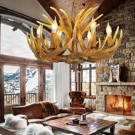 Antler Chandelier Lighting, Resin Deer Antler Chandeliers Vintage Style Farmhouse Large Antler Light Fixtures with E12 Base for Living Room, Dining, Balcony Bar Cafe Antler Lamp (6 Lights+3 Arms)