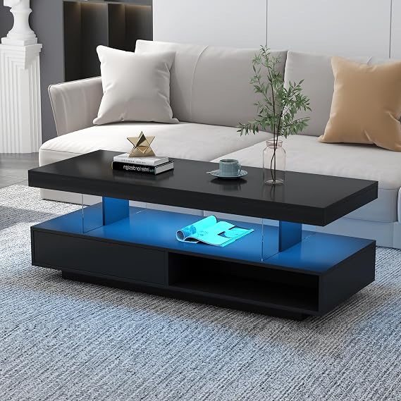 Merax Coffee Table, Rectangular Coffee Table with 2 Drawers and Display Shelves, Modern Cocktail Table with LED Lights & High-Gloss UV Surface, Minimalist Design Center Table for Living Room, Black