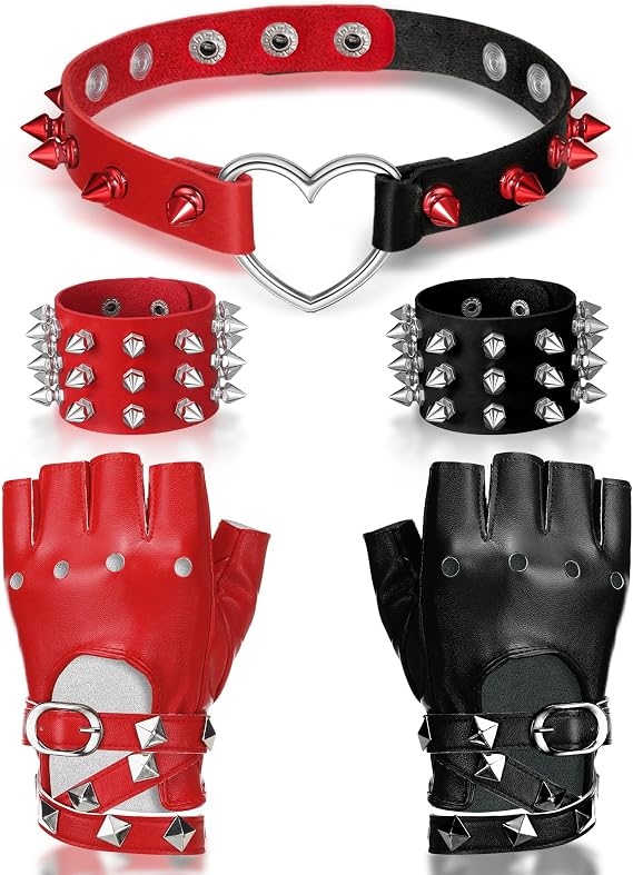 Nosiny 5 Pcs Halloween Goth Jewelry Punk Fingerless Dance Glove Choker Bracelets Punk Cosplay Costume Accessories for Women