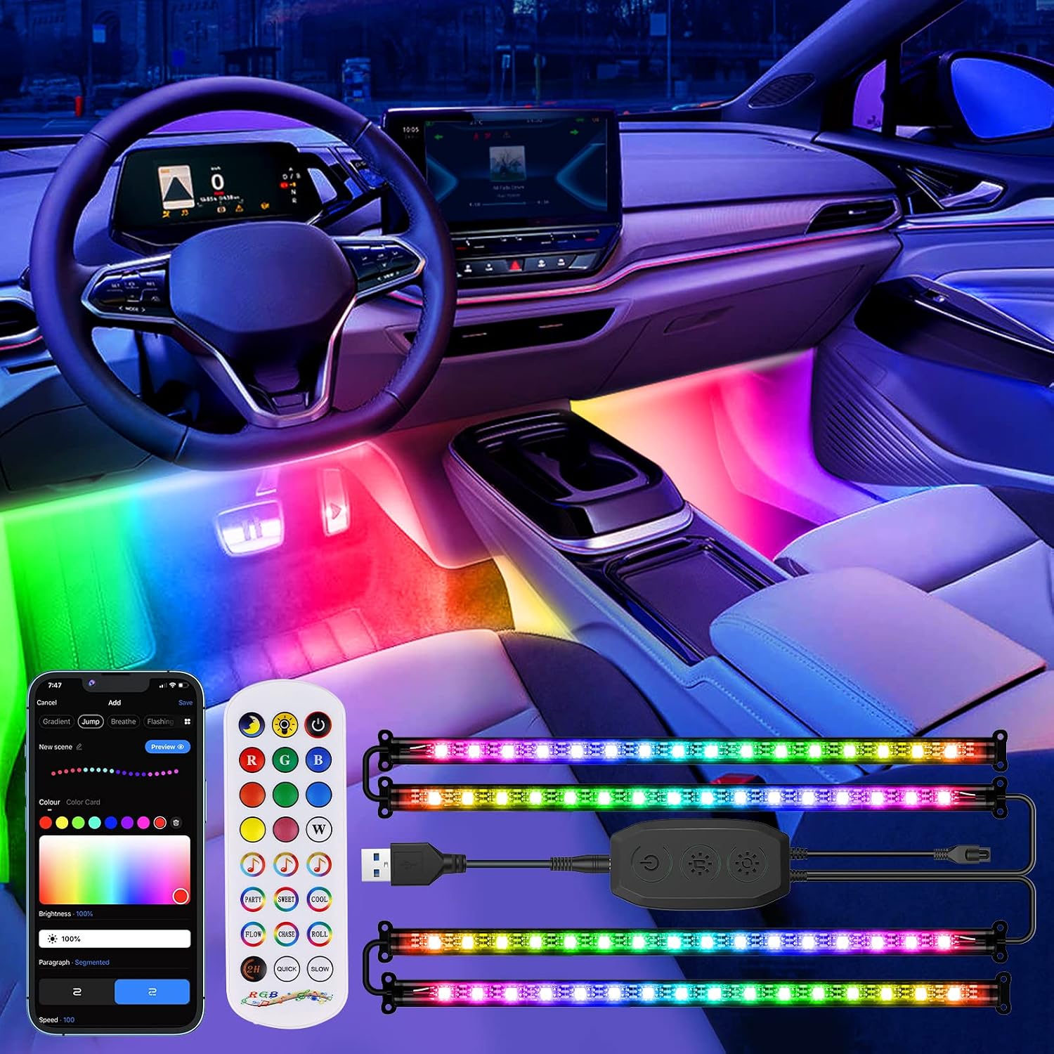 KORJO Car Interior Lights, 4pcs Car LED Lights with Dream Color DIY Mode and Music Sync, Bluetooth APP Control with Remote LED Lights for Car, 5V 68LED Under Dash Car Lighting Kit with USB Car Charger