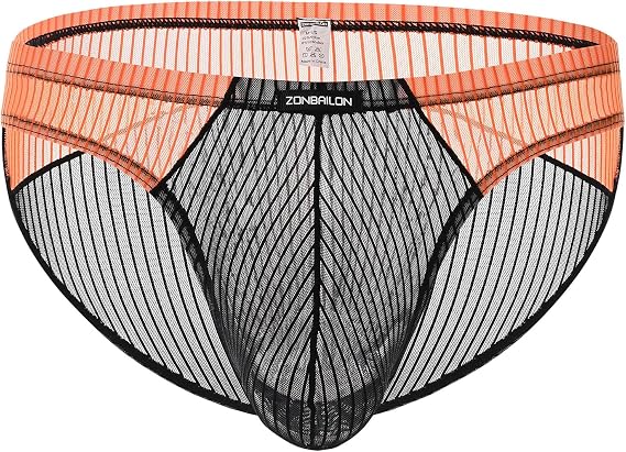 ZONBAILON Mens Bikini Pouch Underwear Sexy Stripe Full Rise Briefs Mesh Breathable Black M