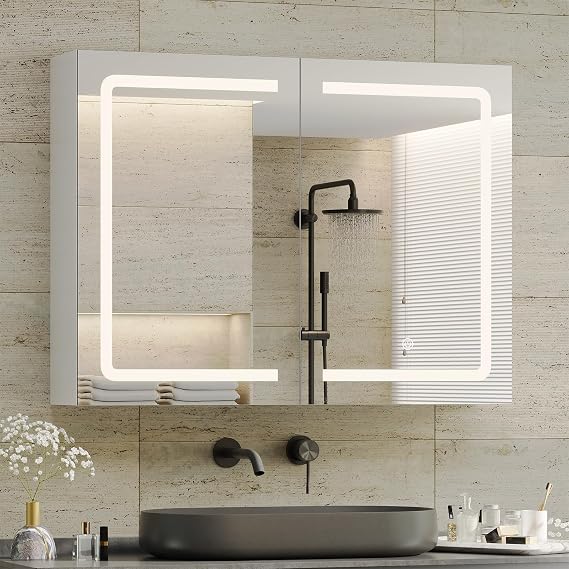 DICTAC Medicine Cabinet with Mirrors and Storage 31.5''x23.6'' Wall Mounted Bathroom Mirror Cabinets with Led Lights Double Doors Mirror Lighted Medicine Cabinets with Adjustable Storage Shelf,White