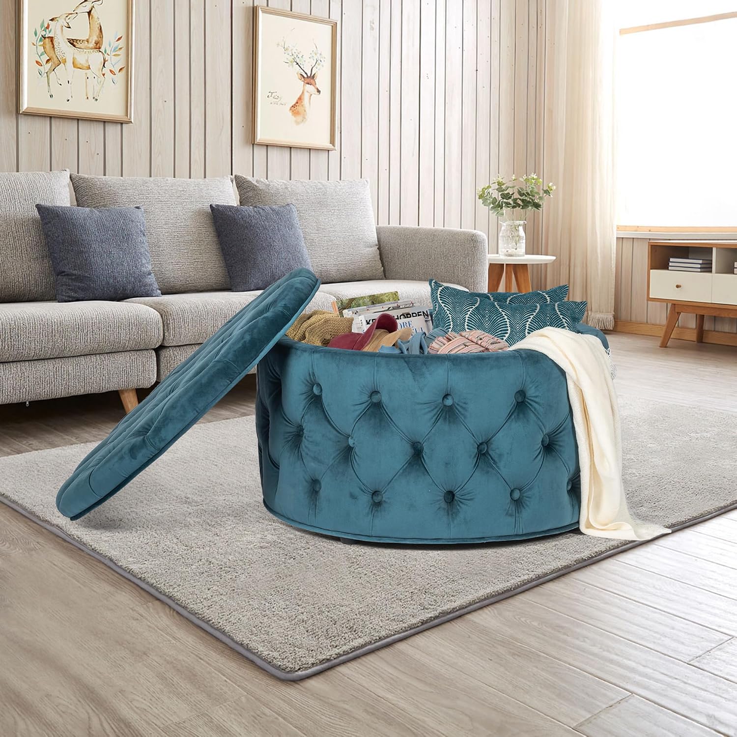Joveco 28 Round Storage Ottoman, Velvet Button Tufted Ottoman with Removable Lid, Extra Large Upholstered Ottoman Foot Rest Coffee Table Stool for Living Room Couch Bedroom
