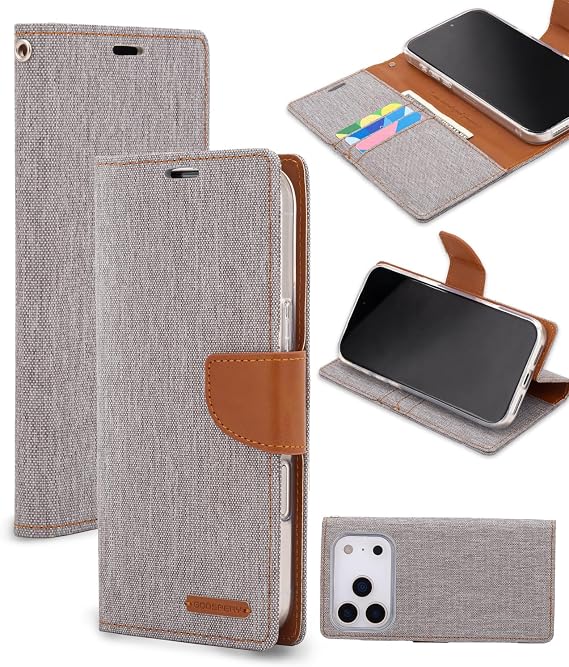 GOOSPERY Canvas Folio Wallet Case for iPhone 17 Pro, Stylish Denim Fabric, Flip Cover with 3 Card Slots & Side Pocket, Stand Feature, Card Holder Phone Case - Grey