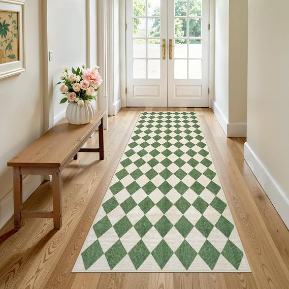 LIVEBOX Checkered Rug Runners for Hallways 2.5x8, Non Slip Kitchen Washable Runner Rugs, Moroccan Plaid Indoor Carpet Runner for Entryway Bathroom Bedroom Laundry