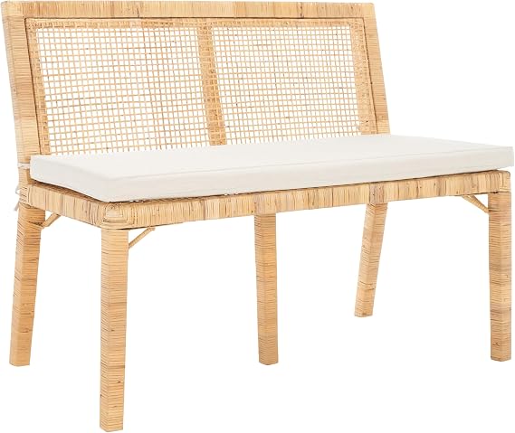 SAFAVIEH Home Collection Civility Coastal Natural Rattan/White Cushion Antique Webbing Sofa Bench (Fully Assembled)