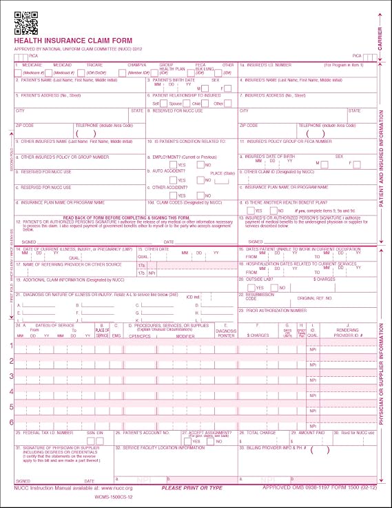 CMS 1500 Claim Forms - HCFA (Version 02/12) 2,500 SHEETS, APPROVED OMB-0938-1197