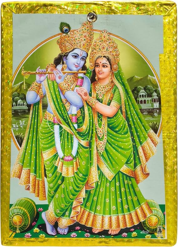 Radha Krishna Decorative Picture Frame for Home Temple 6.5 x 4.8 Inch Vertical Poster with Shiny Border | Traditional Hindu God Picture Frame for Puja Room, Living Room & Gifting