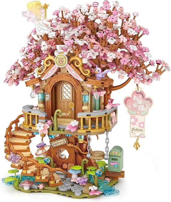 MEIEST Cherry Blossom Tree House Building Blocks Set,Fairy Sakura Particle Construction Building Bricks Toy,Flowers Bonsai Home Decoration