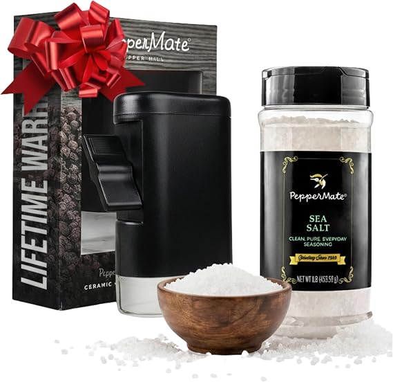 Traditional Pepper Mill with Premium Sea Salt Bundle Adjustable Manual Pepper Grinder + Pure Coarse Sea Salt Refill Classic Tabletop & Kitchen Essential Gift Set