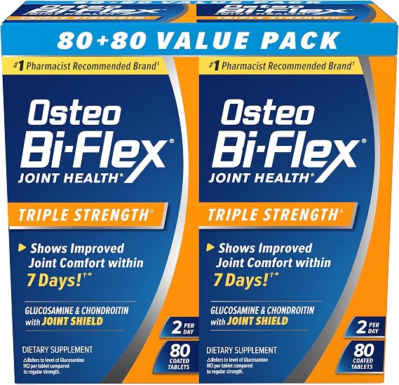 Osteo Bi-Flex Triple Strength Glucosamine Chondroitin Supplement, Improve Joint Function, Strength, Flexibility, Mobility 80 Coated Tablets, 2 Pack