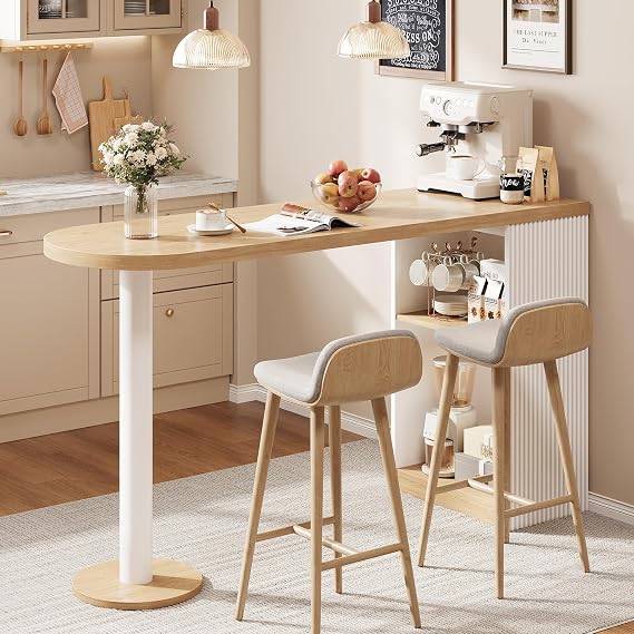 55" Bar Table with Storage, Modern Counter Height Pub Table, Oak | Modern Tall Dining Table with Double-layer Open Storage, Kitchen Bar Table for Kitchen, Dining Room, Living Room (Only Table)