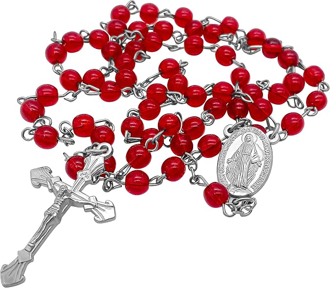 Nazareth Store Red Glass Beads Rosary Catholic Necklace Prayer Miraculous Medal