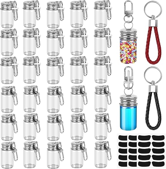 35 Pcs 7ml Small Glass Bottle Keychain Bulk with Leather Keyring & Sticker | Metal Lid Mini Seasoning Bottles,Tiny Glass Message Potion Bottles for DIY Wish Jars, Home & Travel Gifts