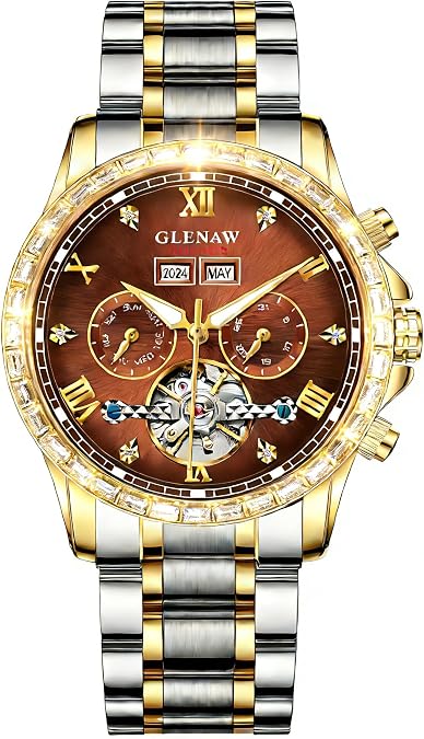 Automatic Watch for Men- Luxury Crystal Bezel Complete Calendar Mechanical Day Date Tourbillon Watch for Men Luminous with Stainless Strap