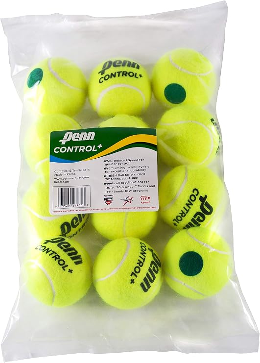 Penn Control Plus Tennis Balls - Youth Felt Green Dot Tennis Balls for Beginners - 12 Ball Polybag