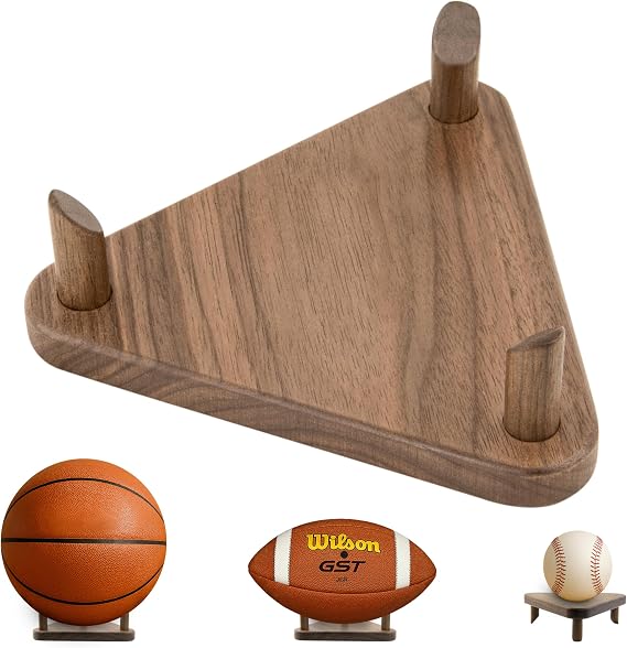 Solid Walnut Ball Display Stand Basketball Holder, Football Stand, Soccer Ball Display Rack Premium Wood Sports Memorabilia Display Holder Triangle Ball Stand for Autographed Balls