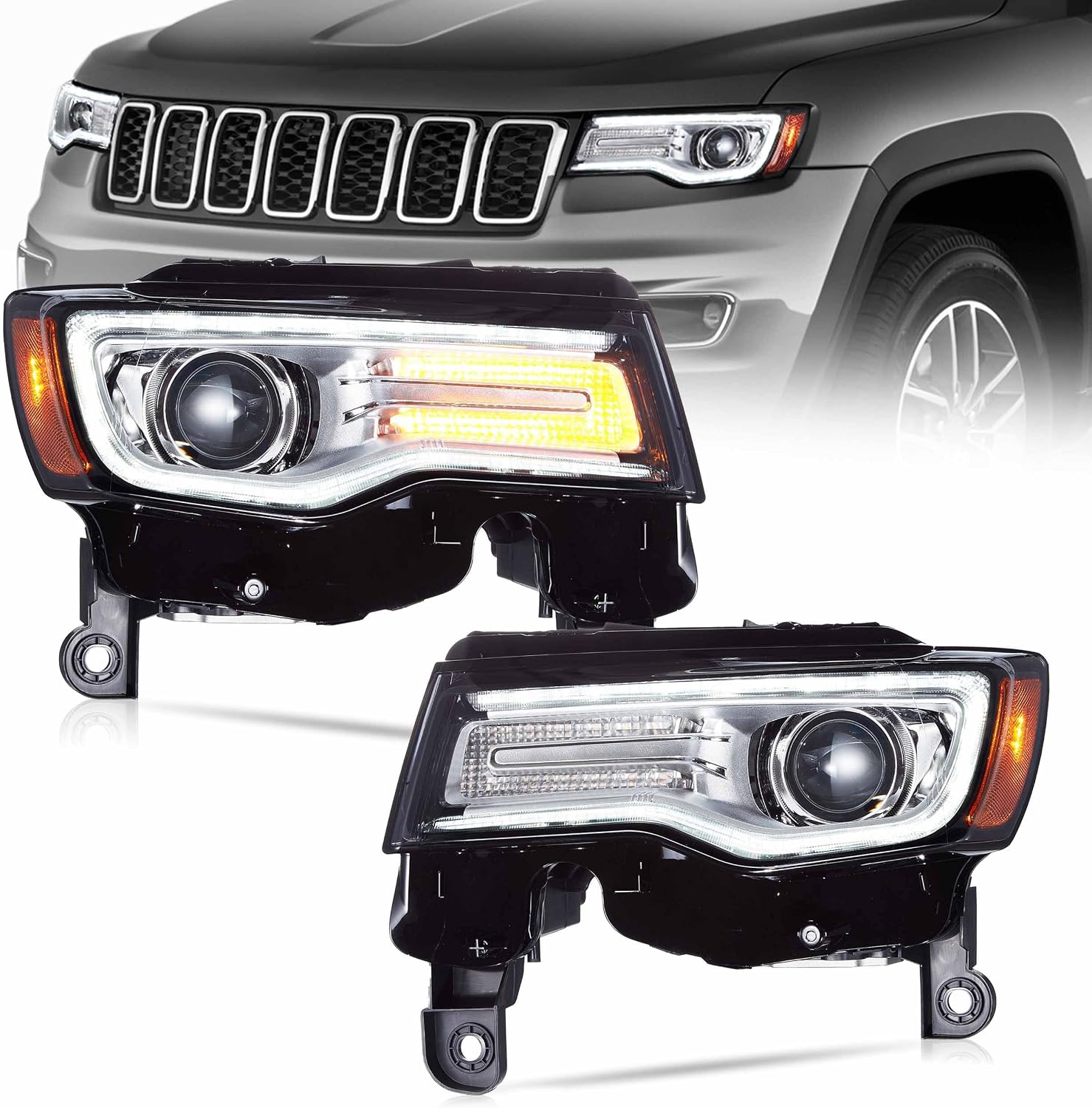 VLAND LED Headlights Fit for 2014-2022 Grand Cherokee, Front Lights with Blue Dynamic Startup DRL, WSequential Turn Signal, Chromed Housing