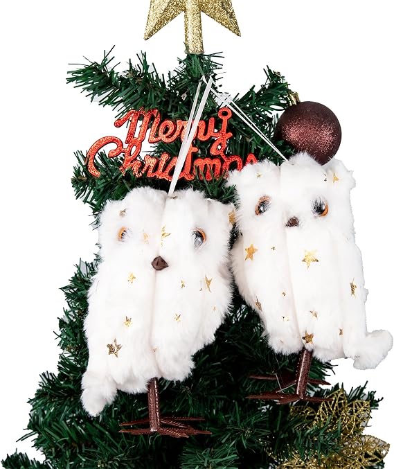 YCHTEWY-White Plush Owl Christmas Ornaments with Gold Stars, Winter Holiday Tree Decorations, Set of 2 (B)