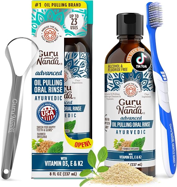 GuruNanda Advanced Oil Pulling Mouthwash for Enhanced Oral Care with Sesame & Oregano Oil, Promotes Deep Cleaning for Healthy Teeth & Gums, with Toothbrush and Tongue Scraper, Alcohol-Free, 8 Oz