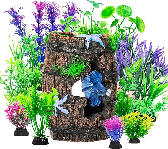 12 PCS Aquarium Decoration Broken Barrel Set,Hand-Painted Resin Fish Tank Decor Will not Scratch Fish fins | Includes 11 Realistic Aquatic Plants + Vintage Broken Barrel Cave (2.8" 4")