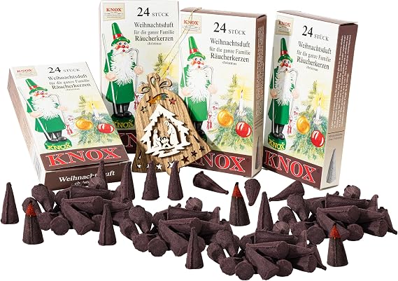 MaMeMi German Incense Cones Christmas Knox 4 Packs (96 Cones) for Smoker Houses & Figurines | Holiday Scent | Gift Set with Wooden Ornament | Traditional Erzgebirge