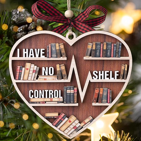 Book Ornaments for Christmas Tree, 3D Wooden Book Ornament, Book Lovers Gifts for Women, Bookish Gifts for Librarian, Reader, Reading Accessories, I Have No Shelf Control