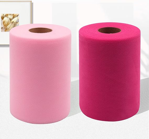 Tulle Fabric Rolls, 2 Pcs, 6 Inch by 100 Yards for Tutu Gift Wrapping Decoration (Fuchsia, Pink)