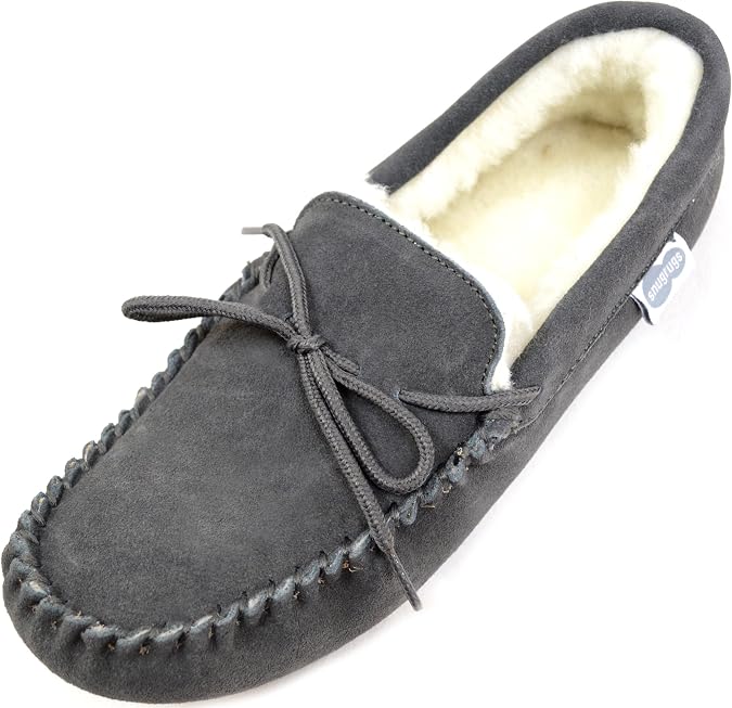 SNUGRUGS Men's Suede Sheepskin Moccasin Slippers with Soft Sole (15, Grey)