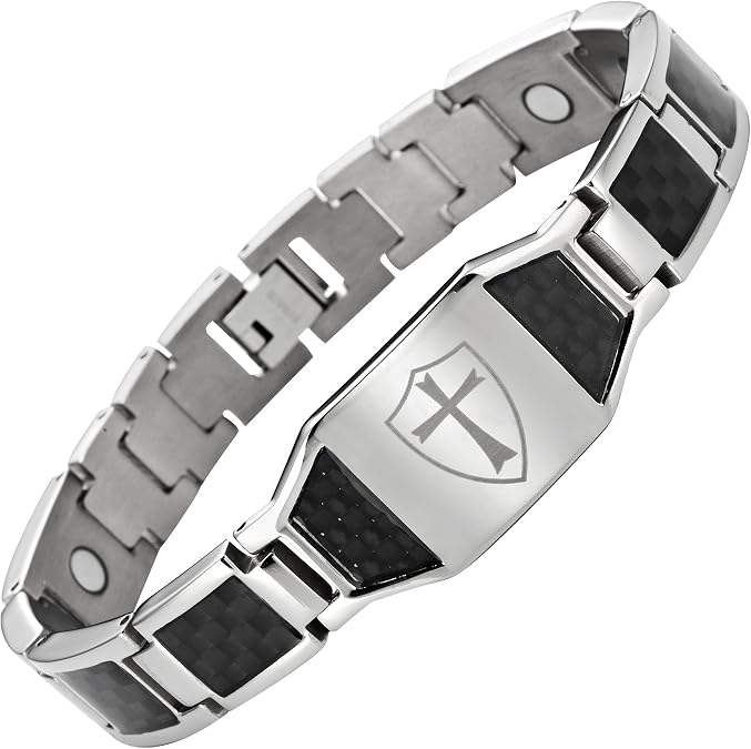 Willis Judd Titanium Magnetic Bracelet Knights Templar Cross Shield Black Carbon Fiber Adjustable