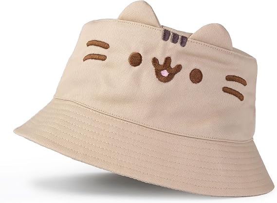 Pusheen Cat Beige Bucket Hat | 3D Ears, Cute Cartoon Face | Kids Fun Summer Hat | Casual Sun Protection