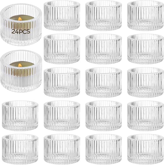 Elegant Glass Tealight Containers, 24 Pcs Vertical Striped Tea Light Holders, Clear Glass Candle Holders for Aromatherapy, Wedding Centerpiece, Home Decor, Holiday Settings, Dinner Parties