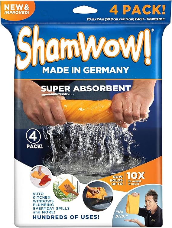 ShamWow Shammy Cloth 4-Pack, 20"x24", Super Absorbent Chamois Towel