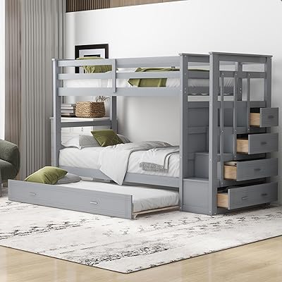 Harper & Bright Designs Wood Bunk Beds with Trundle, Twin Over Twin Bunk Beds Frame with Storage Drawers Staircase, High Length Guardrail for Kids Teens AdultsGrey