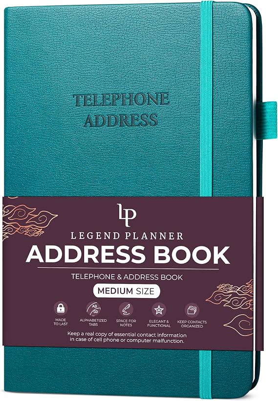Legend Telephone Address Address Book for Seniors with Tabs, Dark Teal | Alphabetical tabs for phone numbers, addresses and passwords, 5.2 x 7.7 in contacts book for organized personal information
