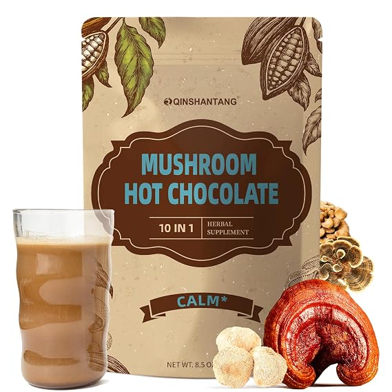 Mushroom Hot Chocolate Mix, Cacao Powder, 10 Mushrooms | Lion's Mane, Reishi, Chaga, L-Theanine | Coffee Alternative for Calm Sleep, Mood Enhancement, Sugar Free, 8.5 Oz