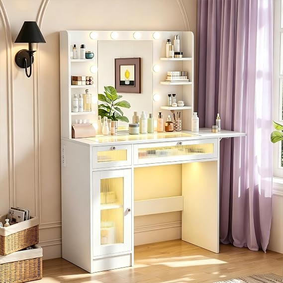 Vipbear Vanity Desk with LED Lighted Mirror & Power Outlet, Makeup Vanity Table with 2 Drawers, 8 Shelves and 1 Cabinet, Foldable White Vanity Desk with Glass Top, Vanity Set for Bedroom, Bathroom