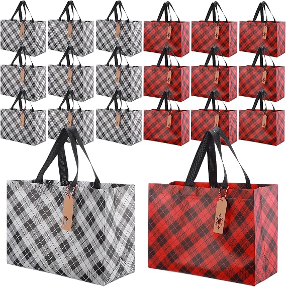 24 Christmas Gift Bags Bulk Large with Handles, diagonal Plaid, red White