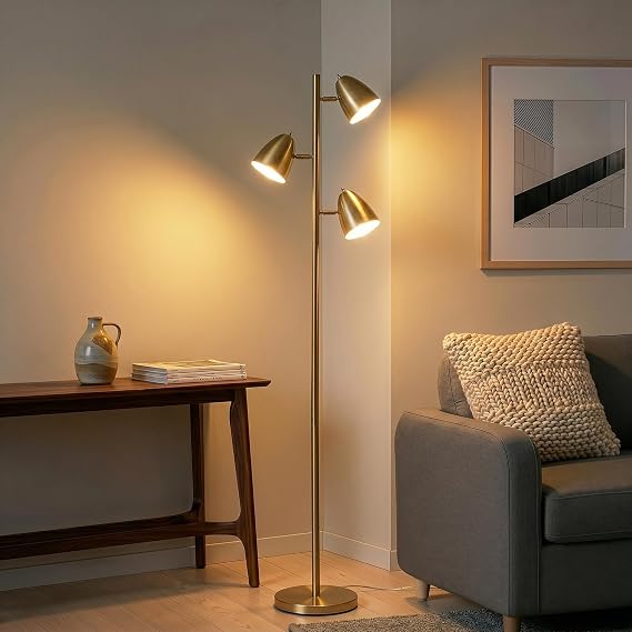 Brightech Jacob LED Standing Lamp, Modern Bright Floor Lamps for Living Rooms & Bedrooms, Tall LED Lighting Lamp with Adjustable 3 Light Tree Antique Brass/Gold