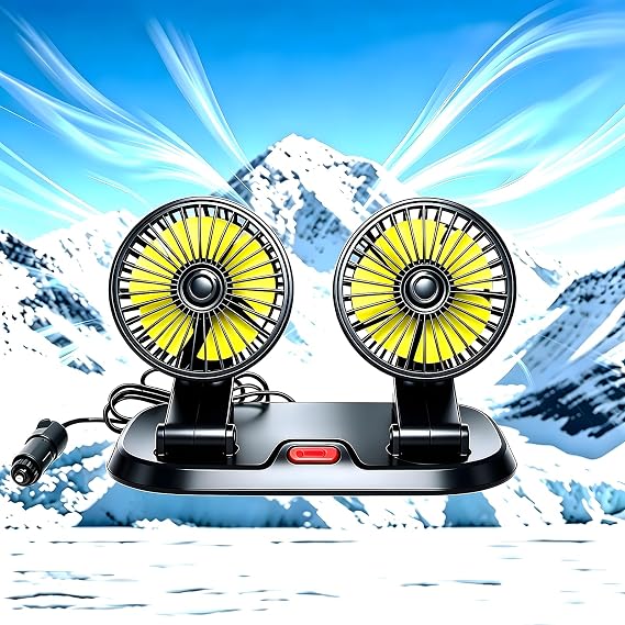 Portable 2-Head Car Cooling Fan, 12V Cigarette Lighter Plug Dashboard Fan for Vehicles Cars Trucks SUV, 360 Adjustable Heads Strong Airflow (No Battery)