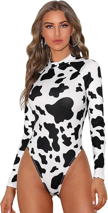 OYOANGLE Women's Cow Print Turtleneck Long Sleeve Bodysuit Top | Western Bodysuits, Country Concert Outfits, High Cut, Mock Neck Body Suit