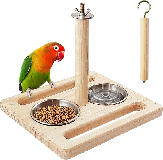 Bird Perch with Stainless Steel Feeding Bowl Cups,Parrot Wood Perch Stand Toy,Bird Cage Accessory,Parakeet Supplies for Parakeet Lovebird Cockatiel Conure Budgie Small Parrots(Small Size)
